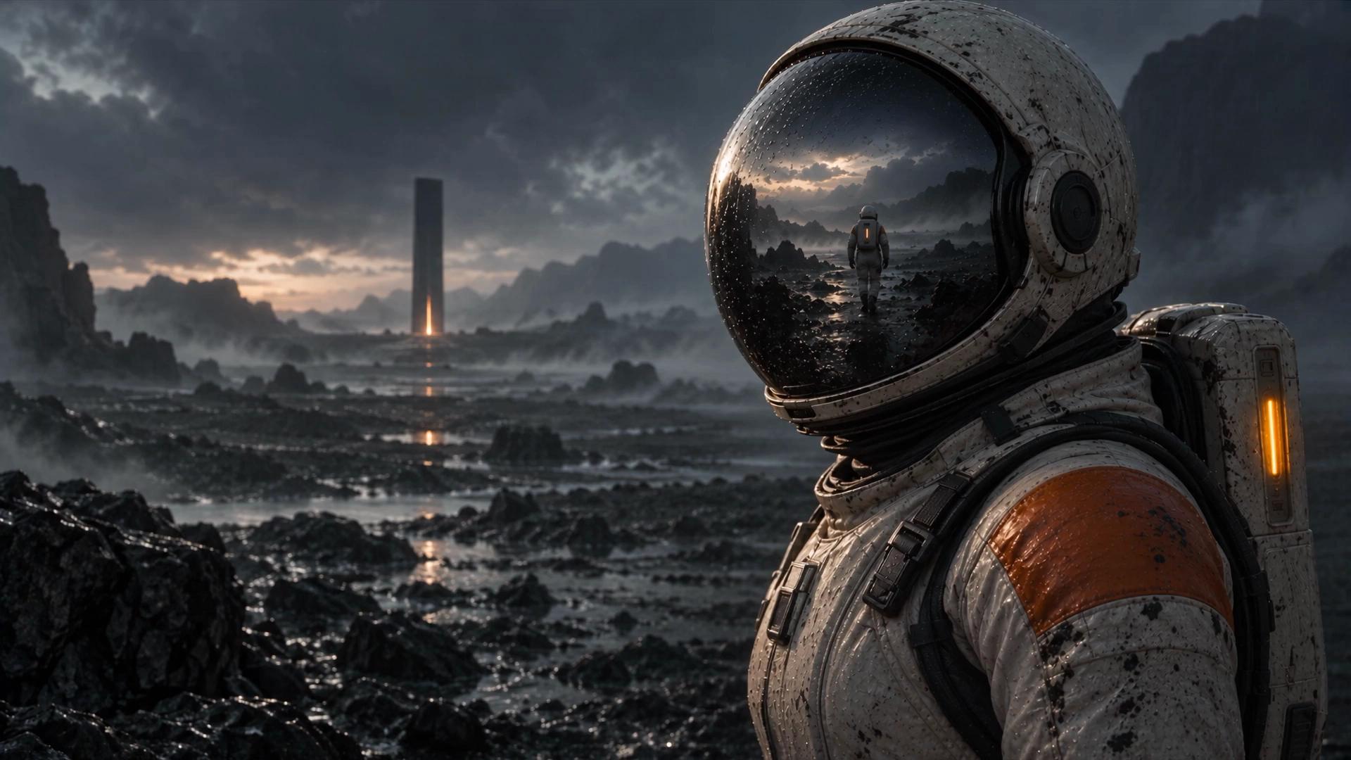 Astronautin mit verspiegeltem Visier in einer dunklen, nassen Felslandschaft. In der Ferne leuchtet ein Monolith.